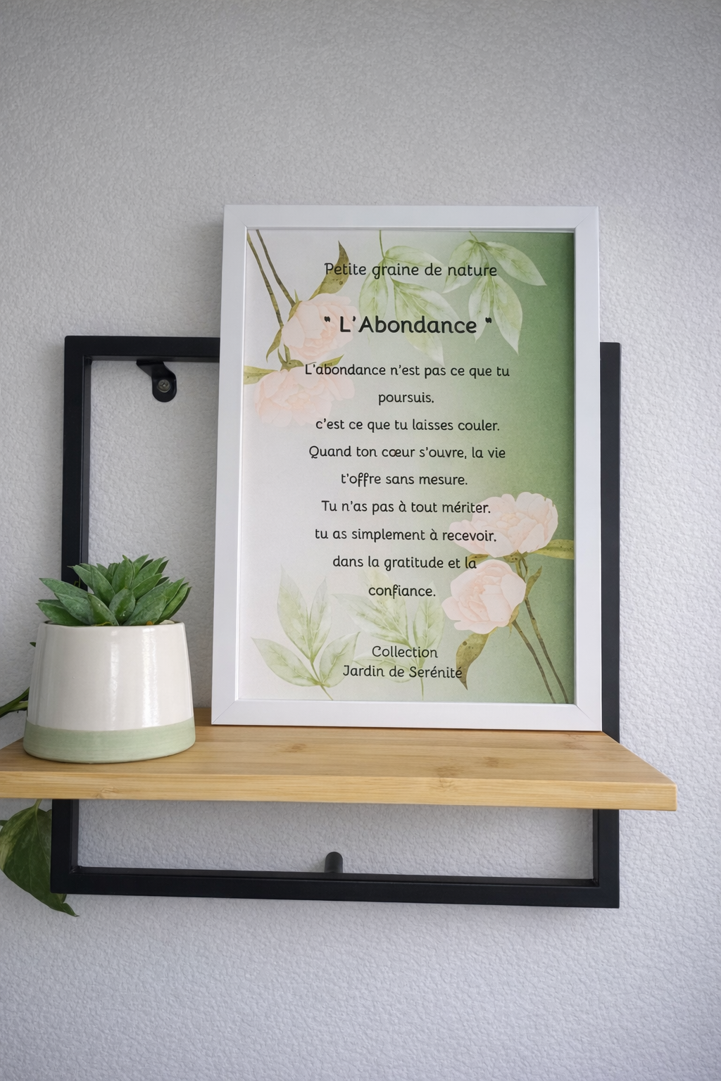Cadre décoratif à message inspirant – "L'abondance" – 23 x 31,50 cm – Cadre blanc