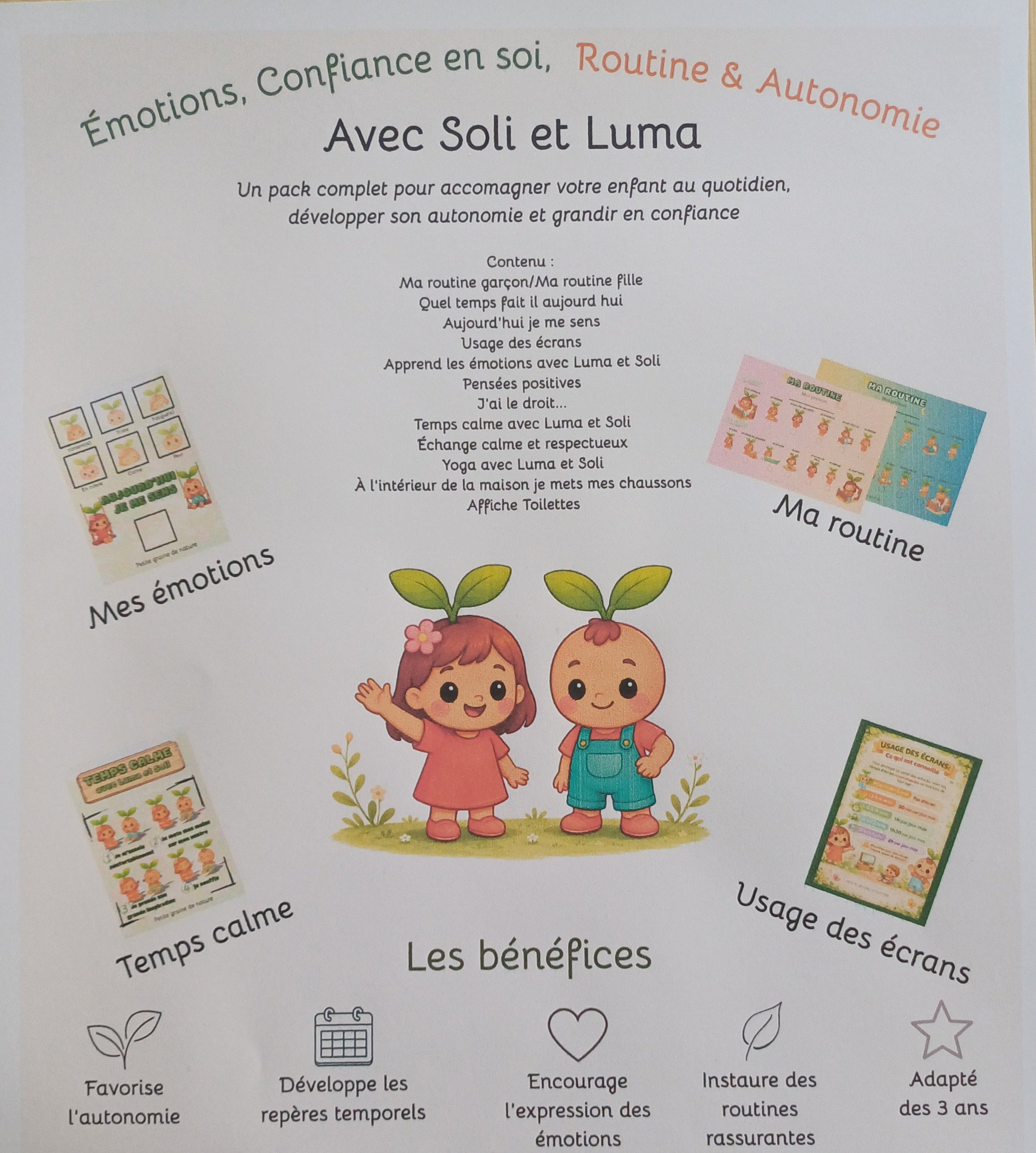 Pack de 12 fiches pédagogiques plastifiées – Émotions, confiance en soi & autonomie | Soli & Luma